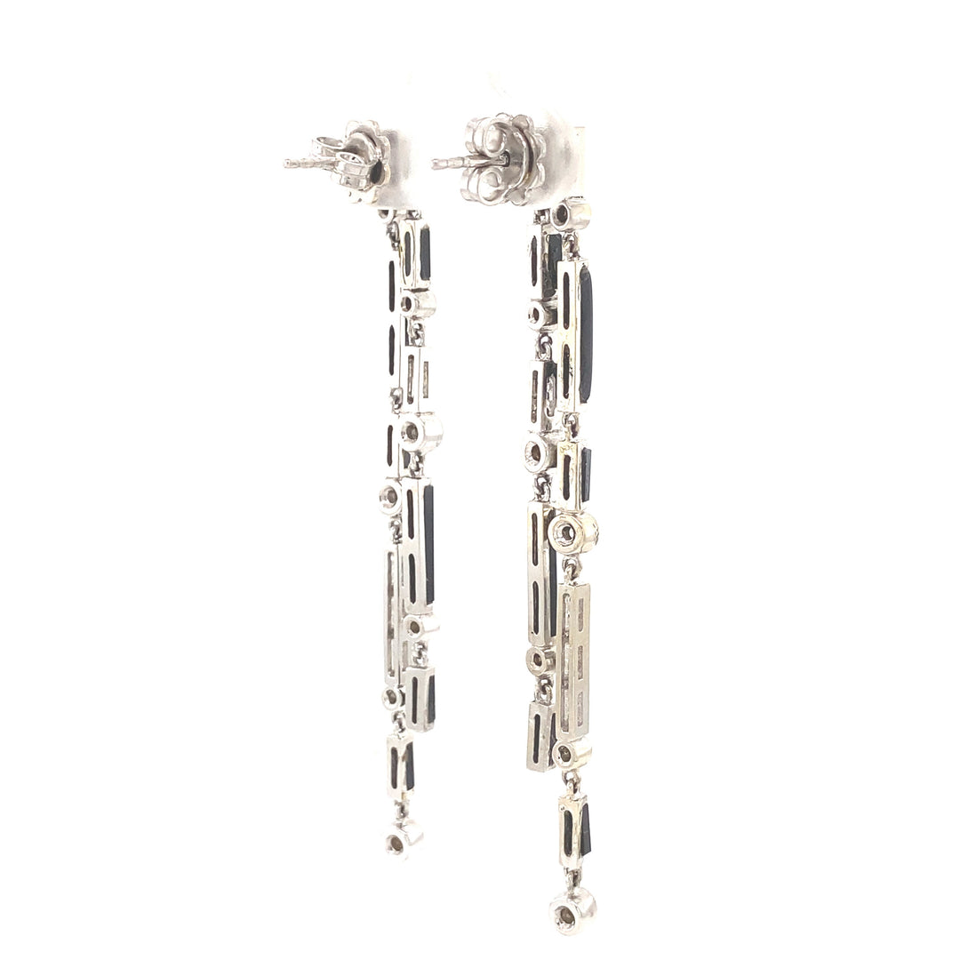 Black Onyx Diamond Dangle Earrings In 14k Solid Gold, Rectangular Bars And Beads With Natural Diamonds, Gift for her