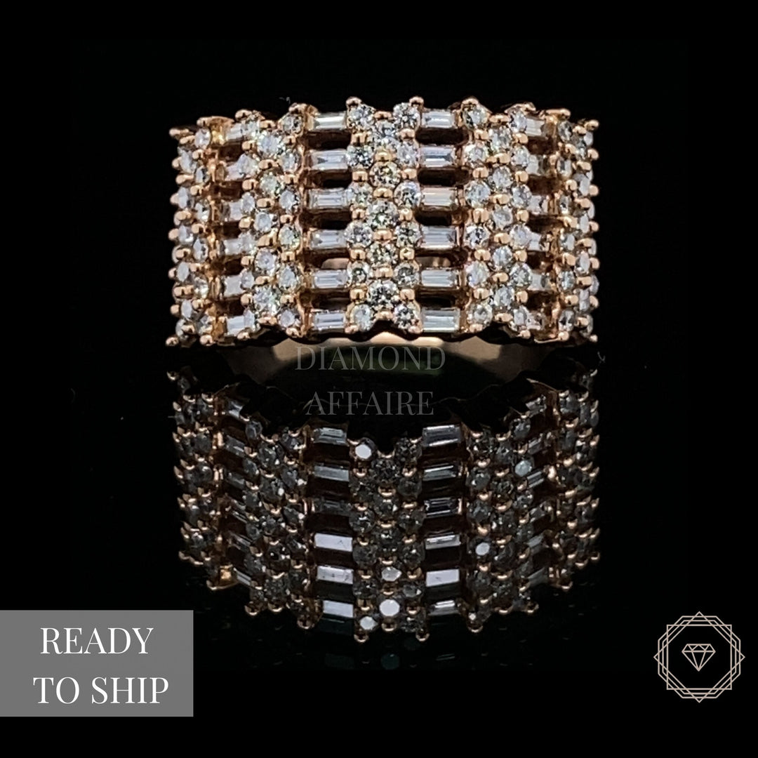 Round and Baguette Diamond Ring In 14K Solid Gold, Half Eternity Band, Natural Diamonds, Cocktail Ring, Gift for her
