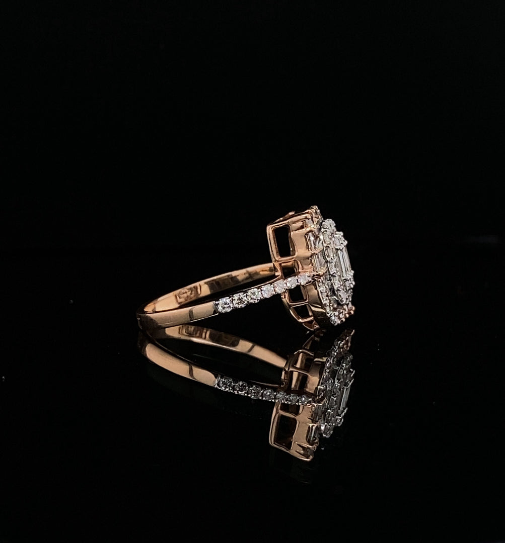 Baguettes and Round Diamond Ring In Illusion Setting, 14k Solid Gold, Natural Diamonds, Perfect Gift for her