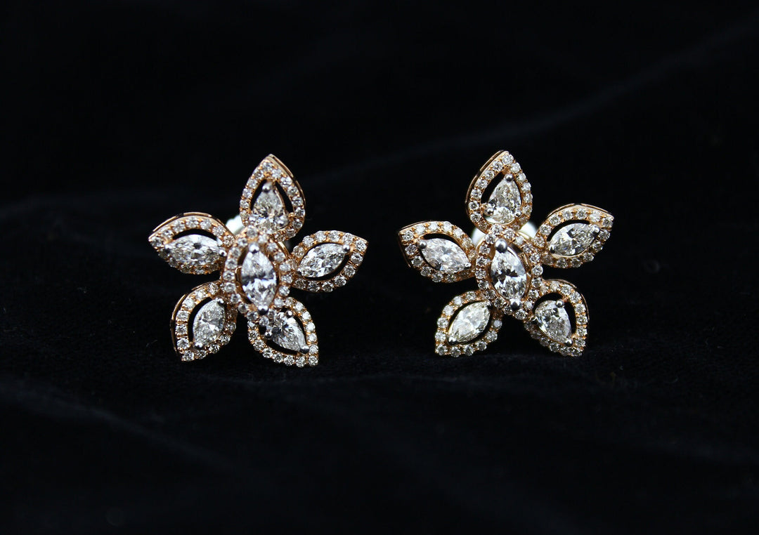 Floral Marquise & Round Diamond Stud Earrings, 14k Solid Gold, Natural Diamonds, Gift for her