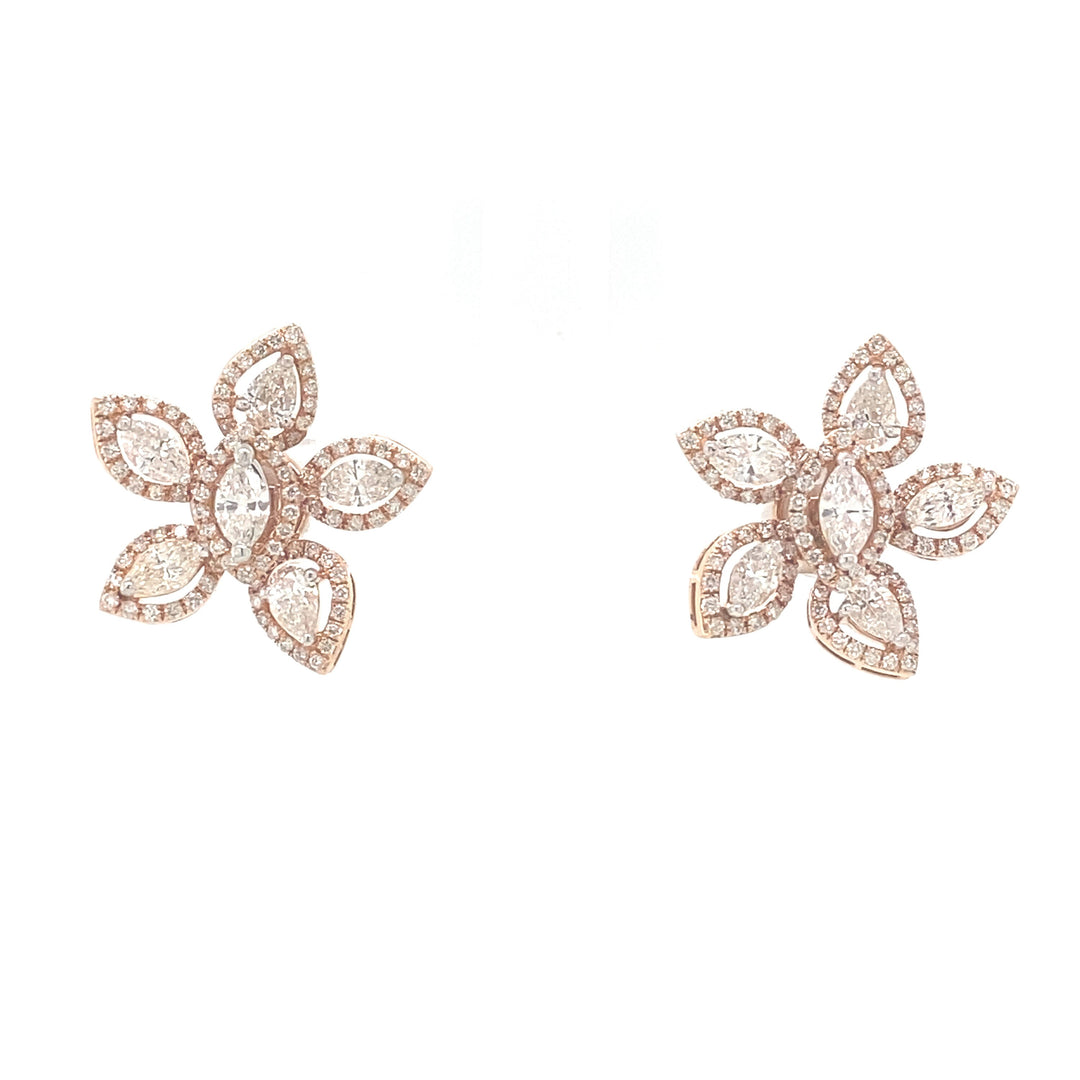 Floral Marquise & Round Diamond Stud Earrings, 14k Solid Gold, Natural Diamonds, Gift for her