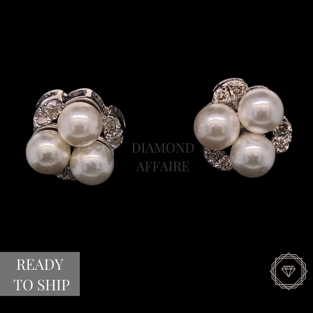 Pearl Stud Diamond Earrings In 14kt Solid Gold, Gemstone Earrings With Natural Diamonds, Gift for her