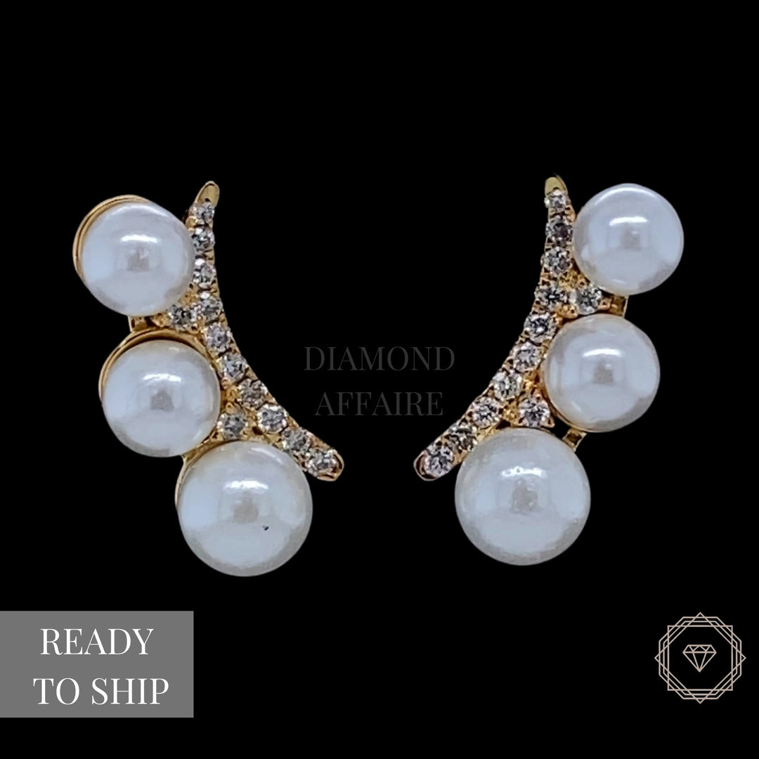 Pearl Stud Diamond Earrings, Natural Diamonds, Gemstone Earrings In 14k Solid Gold, Gift for her