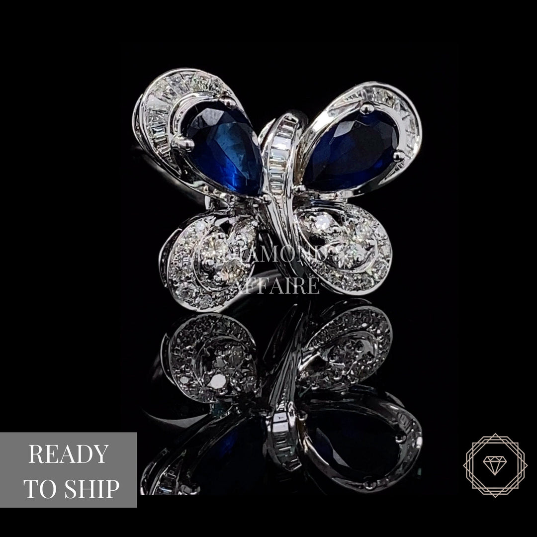 Blue Sapphire Butterfly Diamond Ring in 14K Solid Gold, Natural Diamonds,  Gemstone Ring, Gift for her