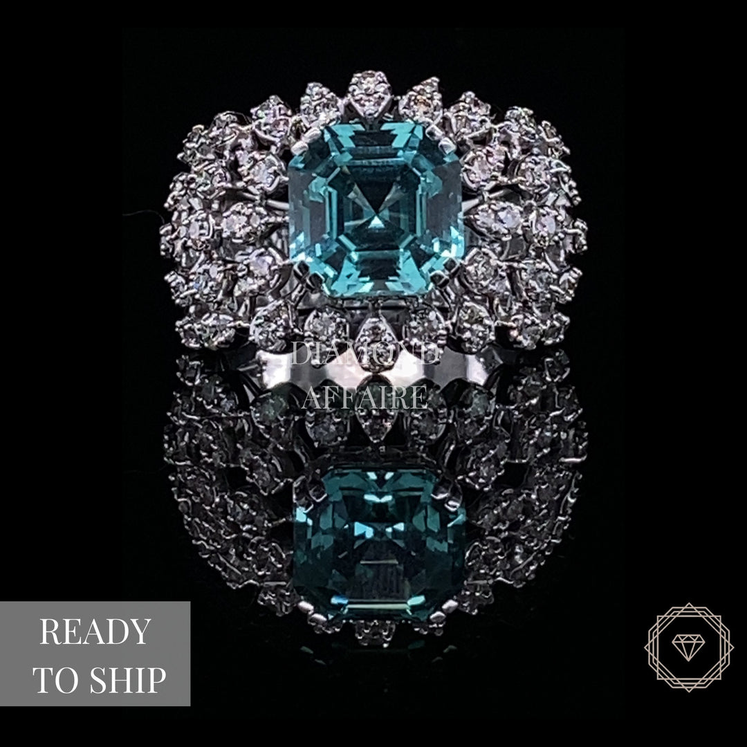 Aquamarine Diamond Ring In 14k Solid Gold, Birthstone Ring With Natural Diamonds, Gift for Her