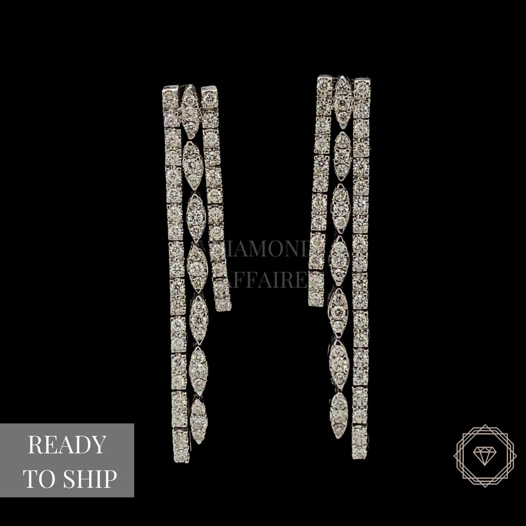 Waterfall Diamond Earrings In 14kt Solid Gold, Asymmetric Triple line Earrings, Natural Diamonds, Gift for her