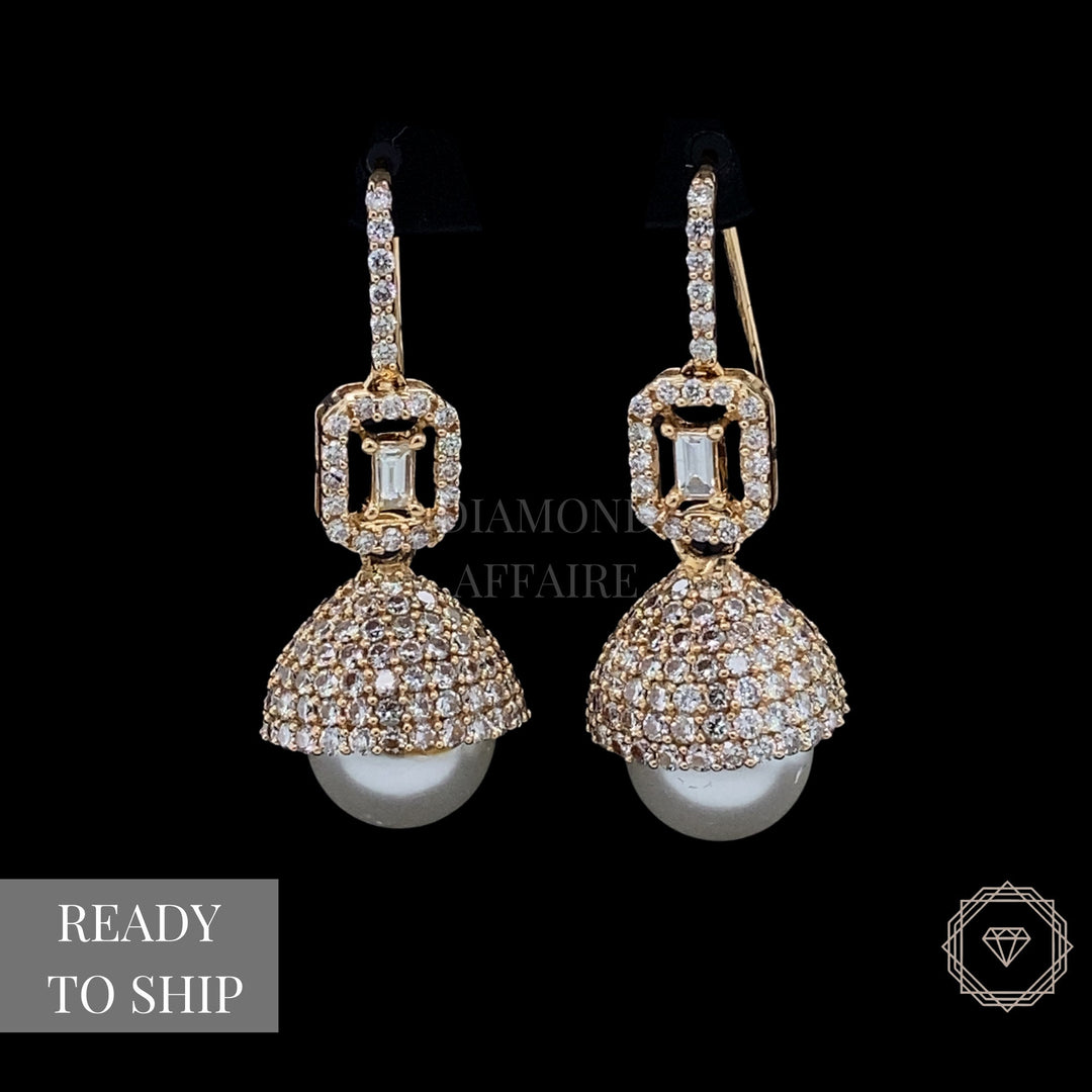 Pearl Drop Diamond Earrings, Baguette & Round Diamond Earrings In 14K Solid Gold, Gift for her