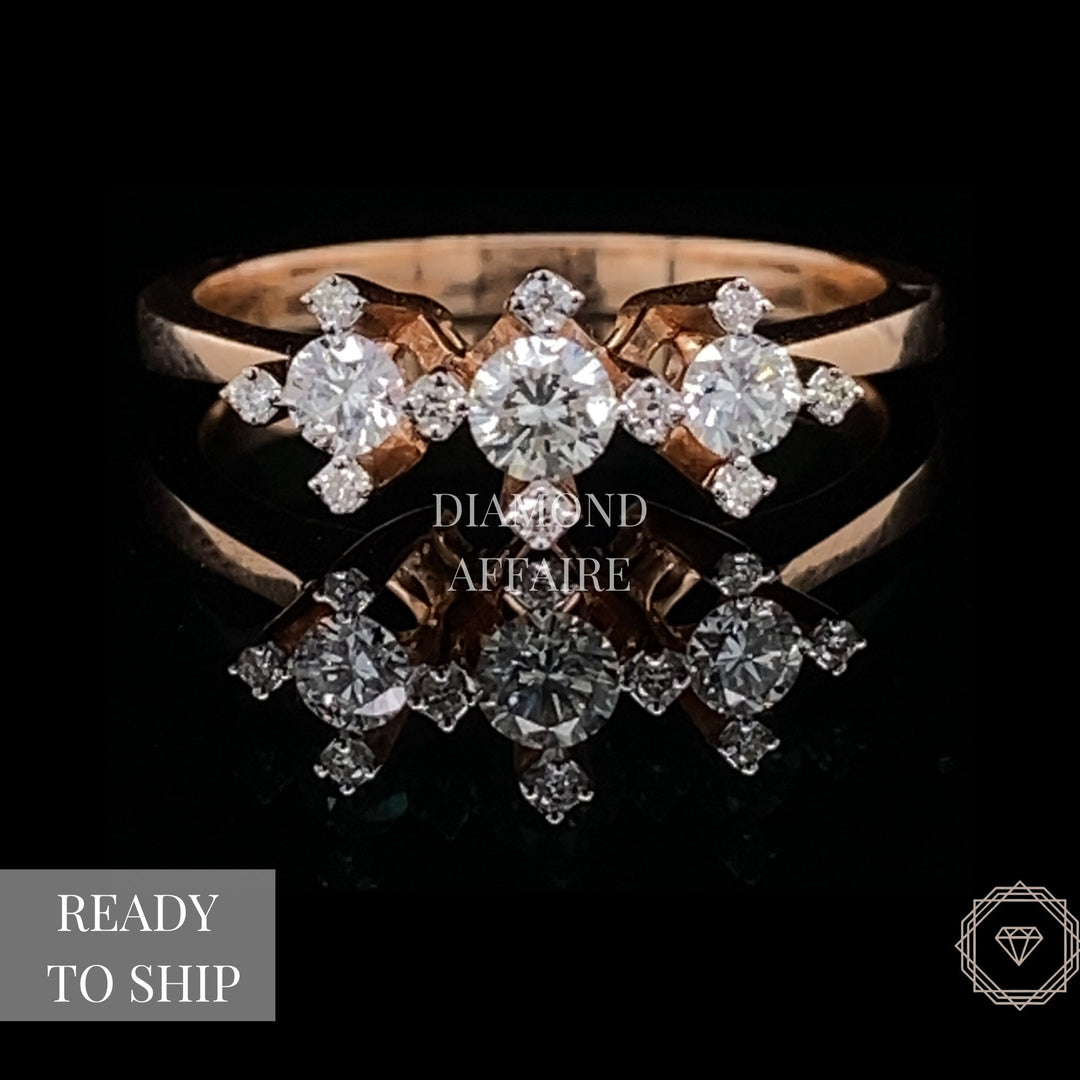 Triple Diamond Ring in 14K Solid Gold, Round Solitaire Natural Diamonds, Gift for her