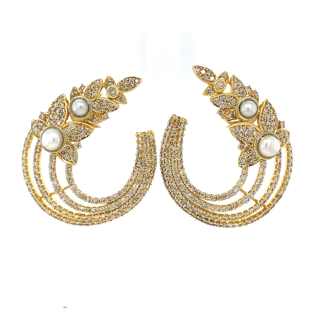 Leaves Stud Pearl Diamond Earrings, Natural Diamonds, Gemstone Earrings In 14k Solid Gold, Gift for her