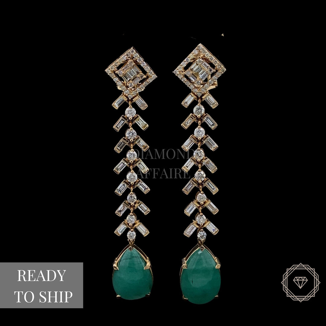 Tear Drop Emerald Gemstone and Diamond Dangle Earrings in 14K Solid Gold, Natural Diamonds, Gift for her