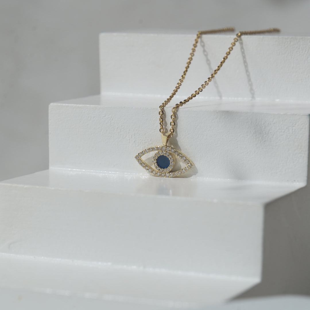 Evil Eye Diamonds Charm Necklace, 14k Solid Gold With Blue Enamelling, Natural Diamonds, Gift For Her