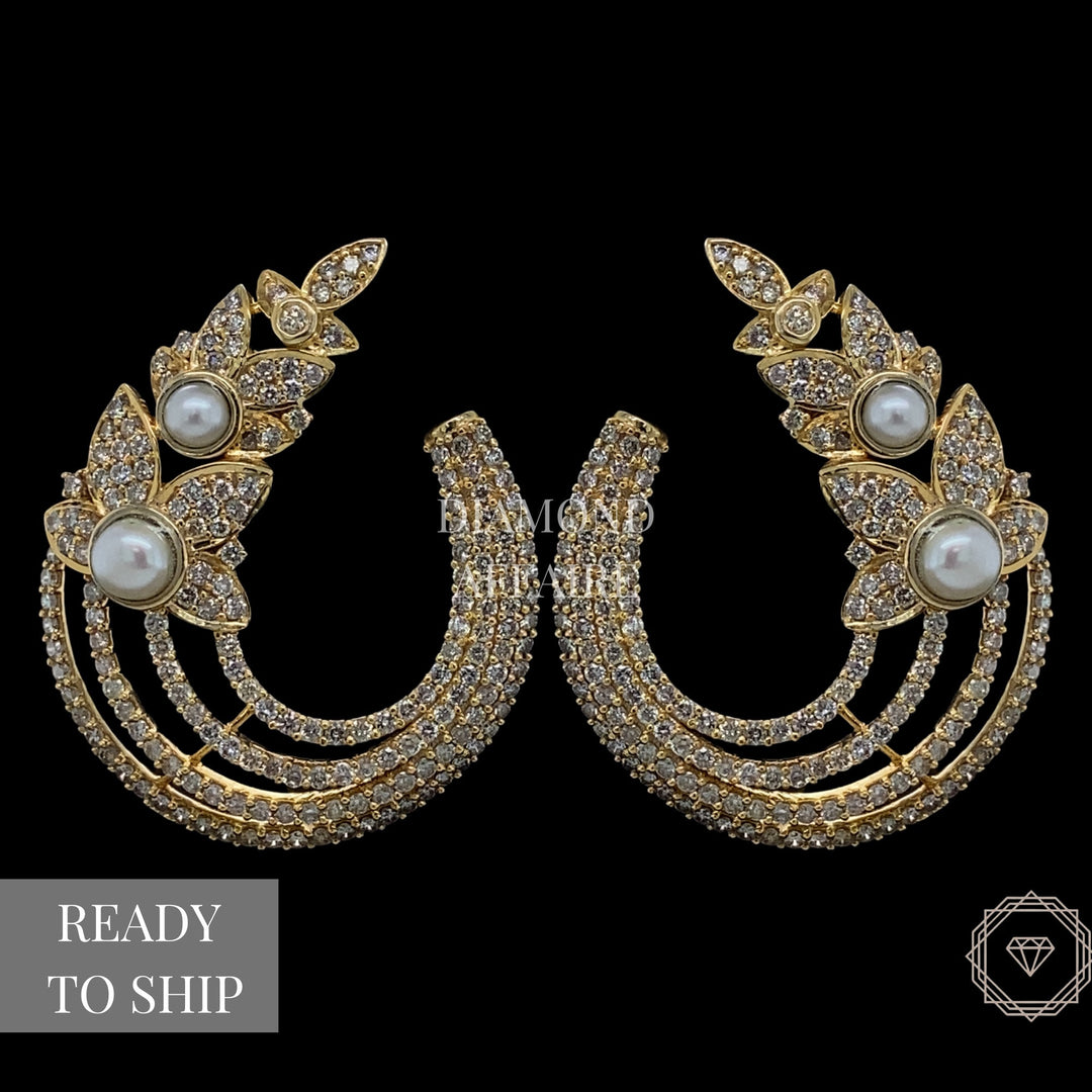Leaves Stud Pearl Diamond Earrings, Natural Diamonds, Gemstone Earrings In 14k Solid Gold, Gift for her
