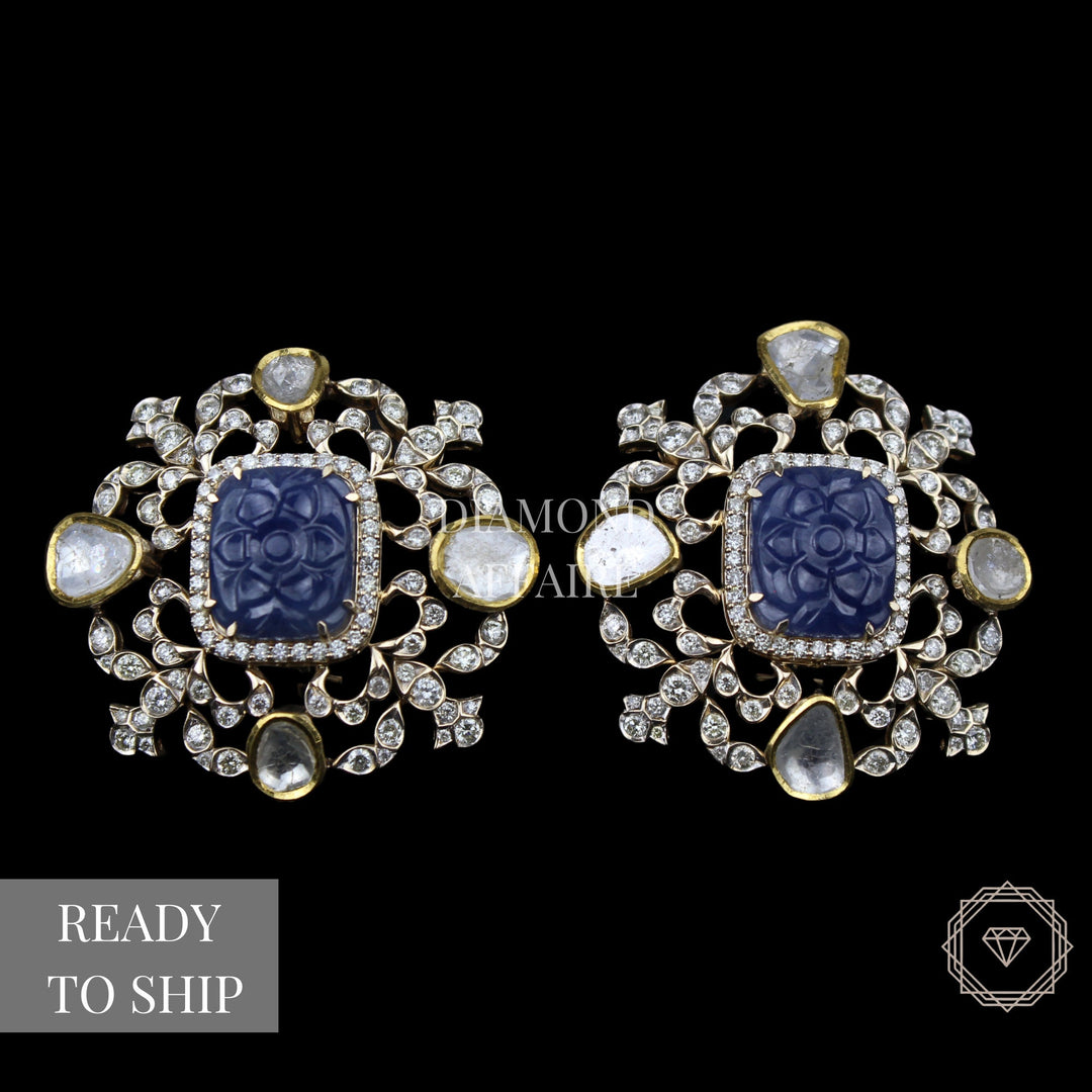 Polki Diamond & Sapphire Earrings, Filigree Design, 14k Solid Gold, Natural diamonds, Gift for Her
