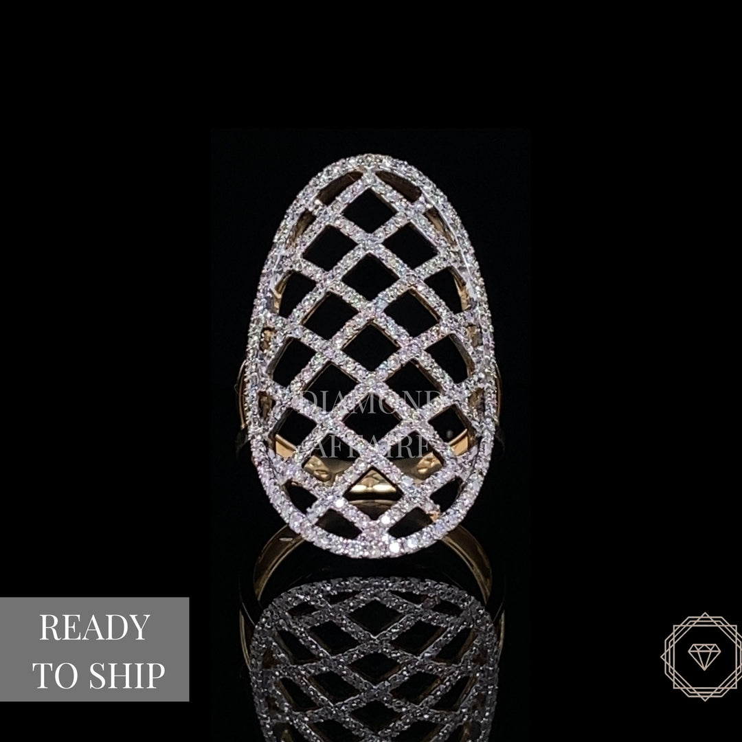 Oval Shaped Net Diamond Ring, Elongated 14k Solid Gold Ring, Natural Diamonds, Gift For Her
