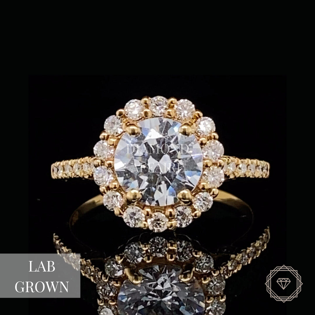 Lab Grown Diamond Engagement Ring with Halo Setting in Solid Gold, Round Solitaire  Ring, Bridal Wedding Jewelry, Gift For Her