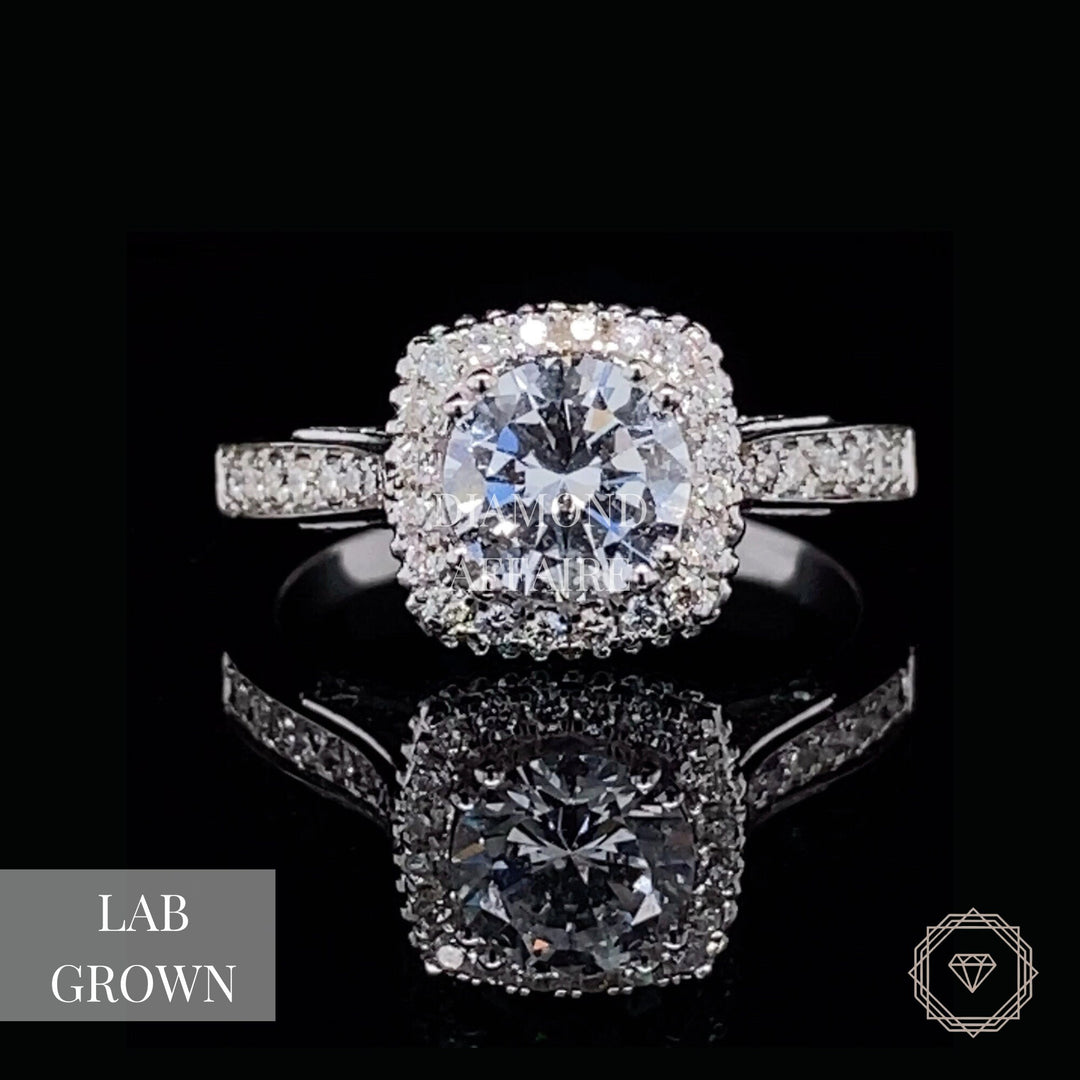 Halo square-shaped lab diamond engagement ring in solid gold, Solitaire Wedding Ring, Bridal Jewelry, Gift For Her