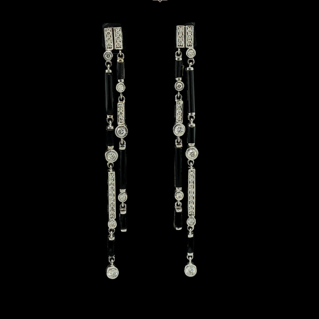 Black Onyx Diamond Dangle Earrings In 14k Solid Gold, Rectangular Bars And Beads With Natural Diamonds, Gift for her