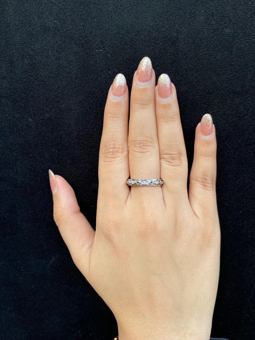 Blue Sapphires & Diamonds Band Ring, 14K Solid Gold, Natural Diamonds, Gift for her