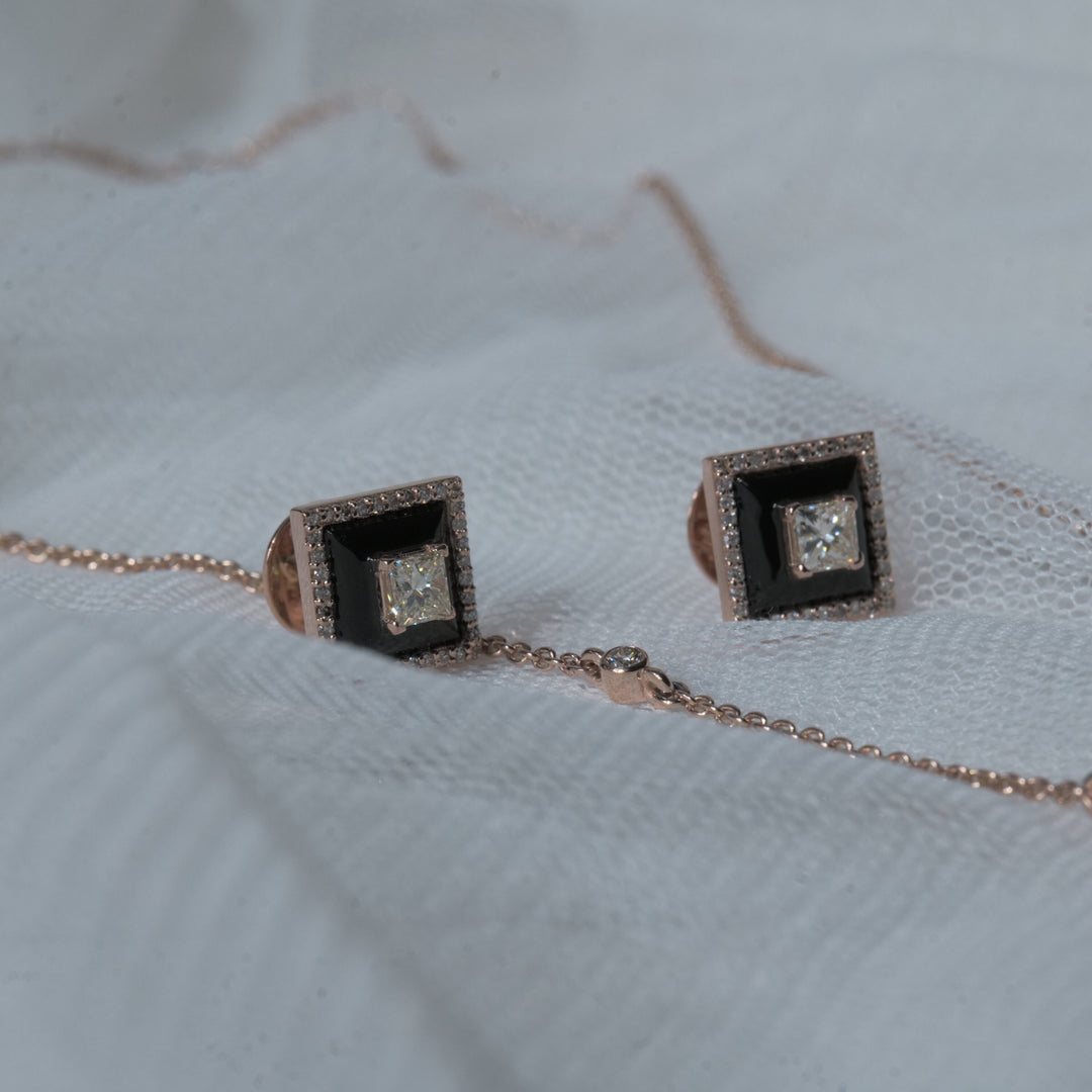 Princess Diamond Stud Earrings with Black Enameling in 14k Solid Gold, Princess & Round Natural Diamonds, Gift for her