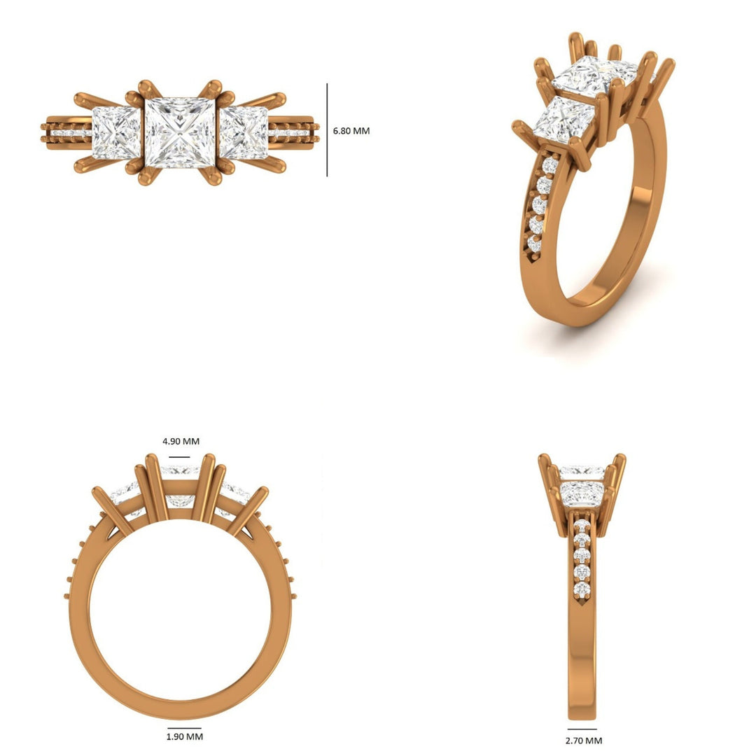 IGI Certified 1ct Lab-grown Diamond Engagement Ring in 14k Solid Gold: 3 Stone Princess Cut Wedding Ring