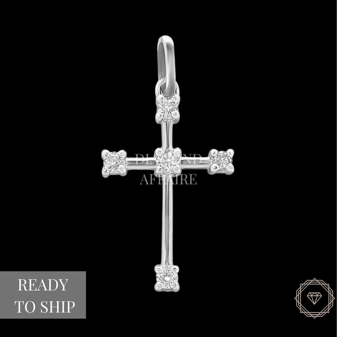 Cross Diamond Pendant in 14k Solid Gold, Natural Diamond Cross Necklace With Adjustable Chain, Half Bezel Setting, Communion Gift for her