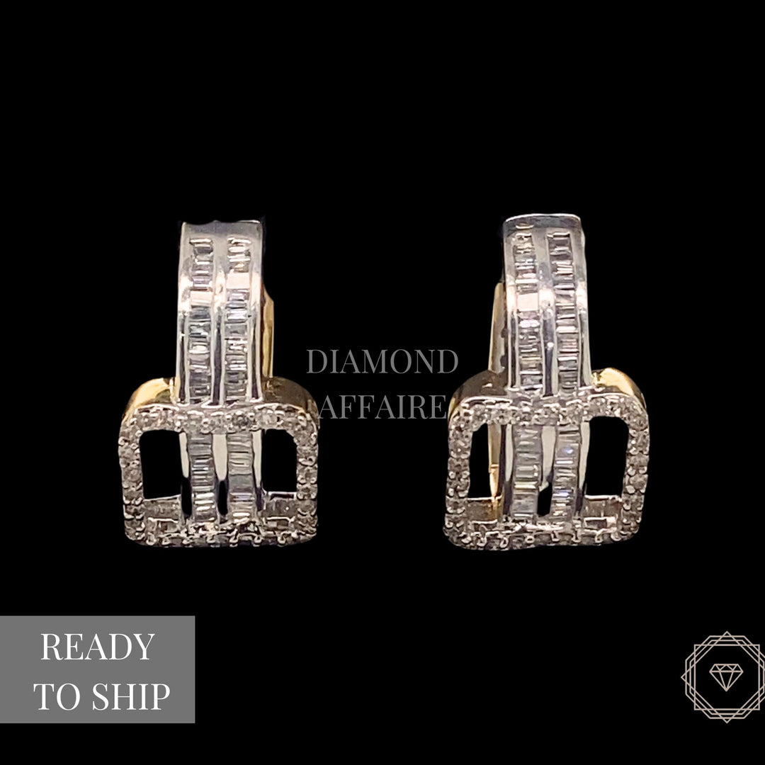 Round and Baguette Diamond Hoop Earrings In 14k Solid Gold, Natural Diamonds, Gift for her