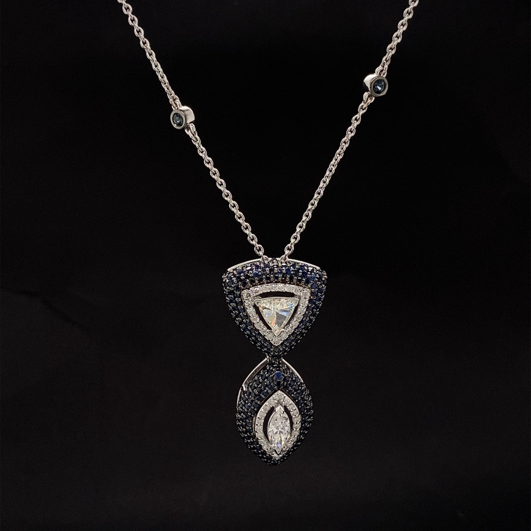 Fancy Diamonds Pendant Necklace with Blue Sapphires, 14k Solid Gold, Natural Diamonds, Ready To Ship, Women&#39;s Day Gift