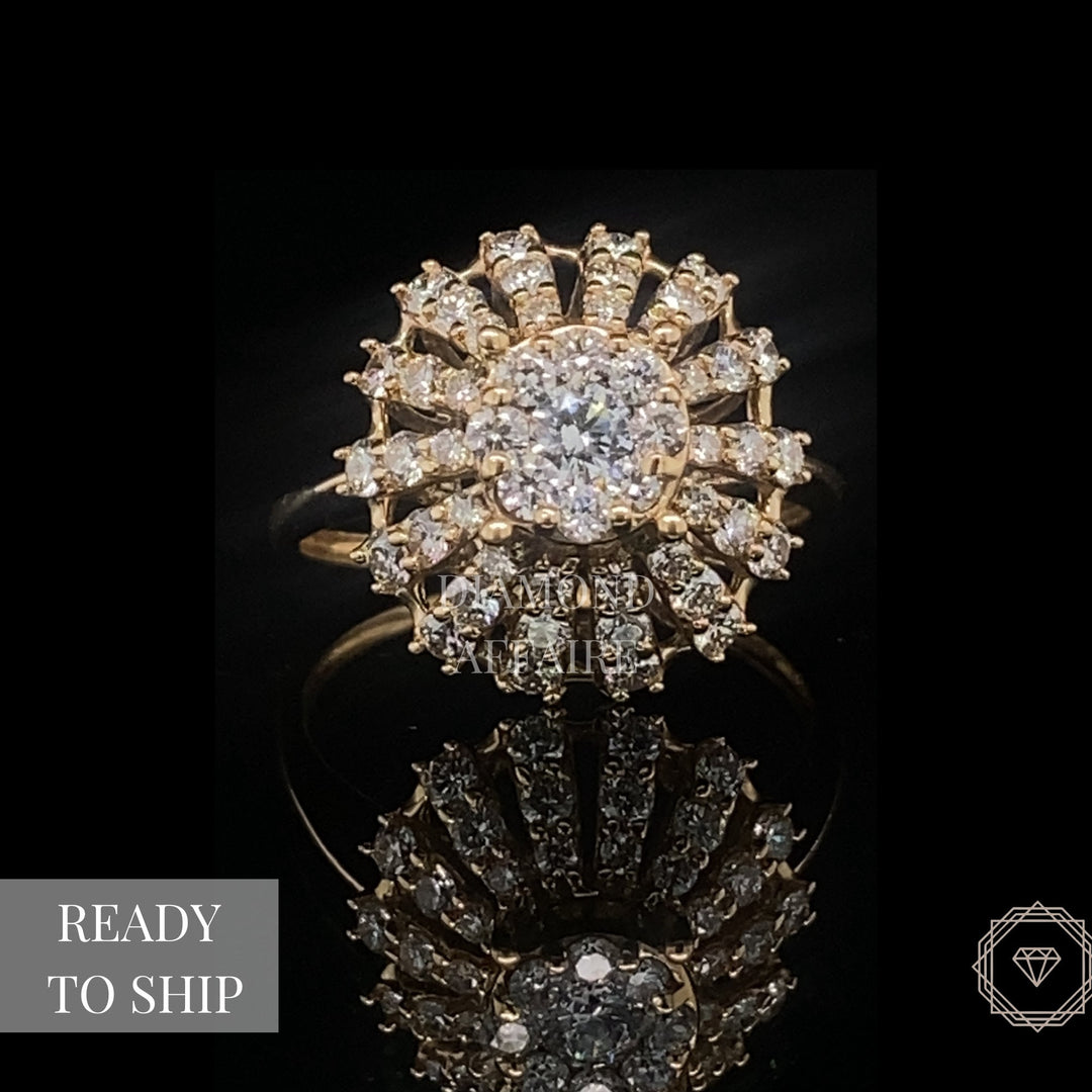 Cluster Diamond Ring in 14k Solid Gold, Illusion Setting Ring With Natural Diamonds, Two Toned Ring, Gift for Her