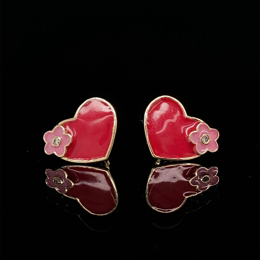 Teenager Floral Heart Diamond Stud Earrings, 14k Solid Gold With Enameling, Natural Diamonds, Kids Jewelry, Gift for toddlers, girls and kid