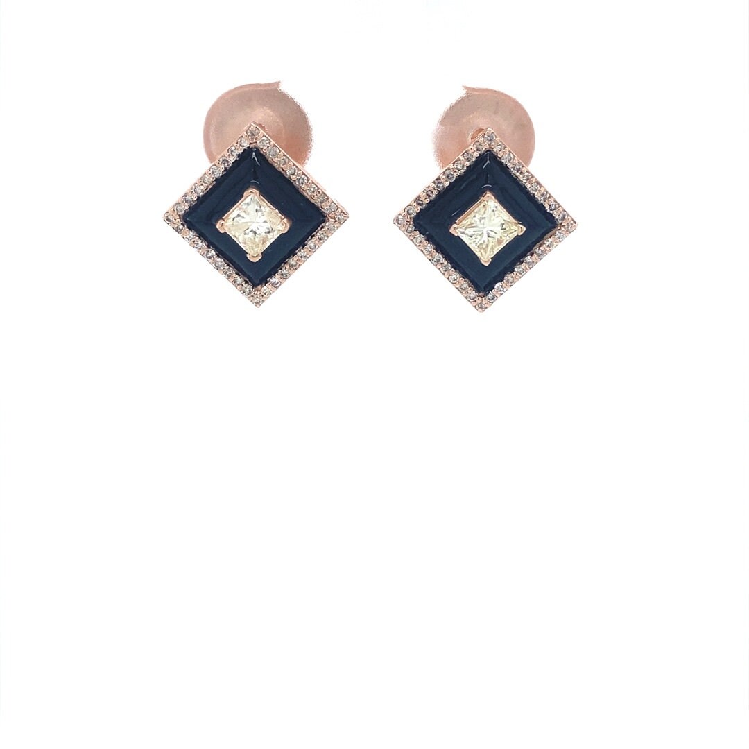 Princess Diamond Stud Earrings with Black Enameling in 14k Solid Gold, Princess & Round Natural Diamonds, Gift for her
