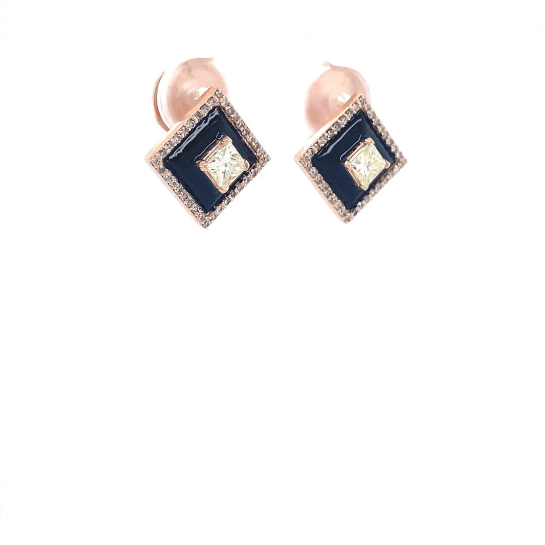 Princess Diamond Stud Earrings with Black Enameling in 14k Solid Gold, Princess & Round Natural Diamonds, Gift for her