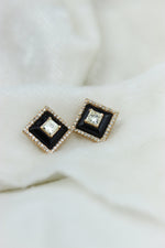 Load image into Gallery viewer, Princess Diamond Stud Earrings with Black Enameling in 14k Solid Gold, Princess &amp; Round Natural Diamonds, Gift for her
