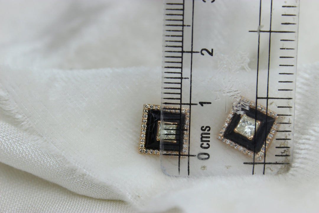 Princess Diamond Stud Earrings with Black Enameling in 14k Solid Gold, Princess & Round Natural Diamonds, Gift for her