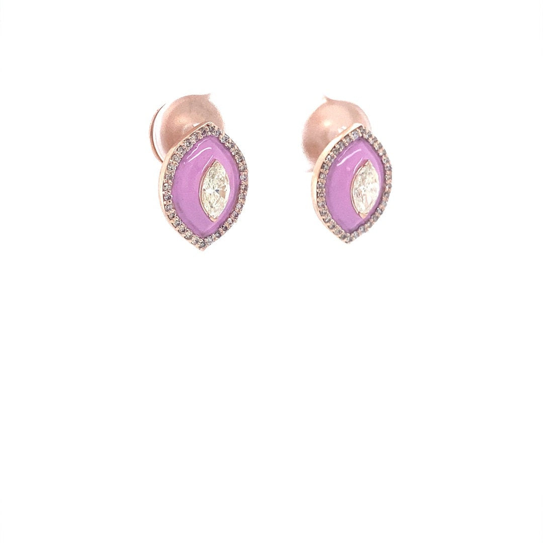Eye shape Diamond Stud Earrings with Pink Enameling in 14k Solid Gold, Marquise & Round Natural Diamonds, Gift for her