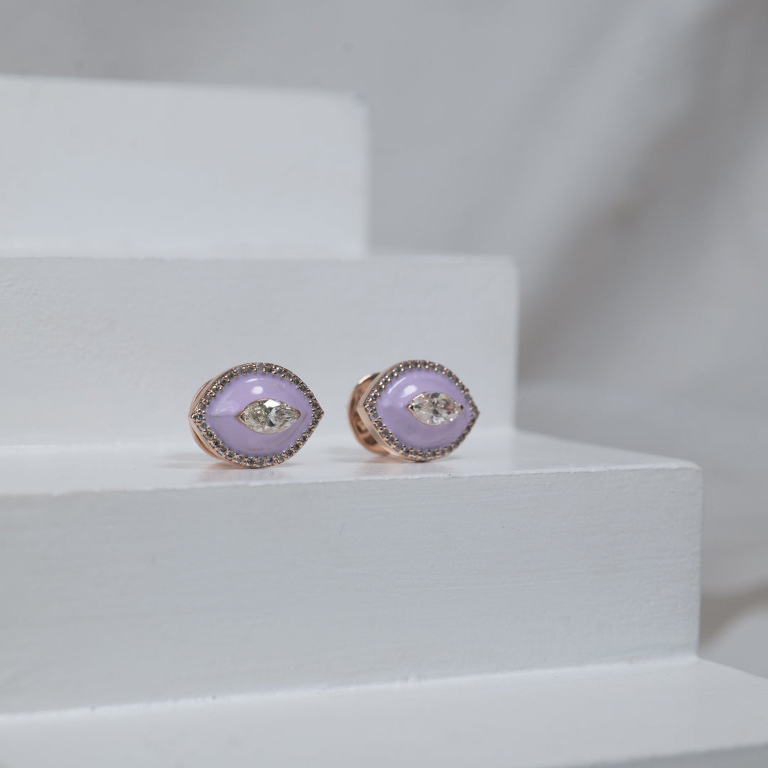 Eye shape Diamond Stud Earrings with Pink Enameling in 14k Solid Gold, Marquise & Round Natural Diamonds, Gift for her