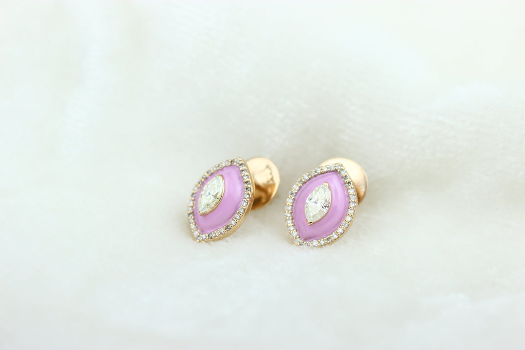 Eye shape Diamond Stud Earrings with Pink Enameling in 14k Solid Gold, Marquise & Round Natural Diamonds, Gift for her