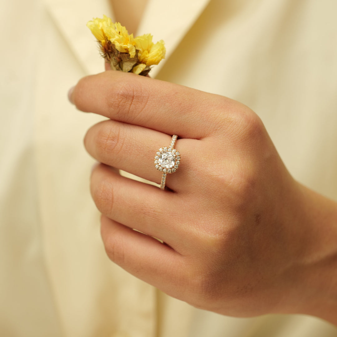 IGI Certified 0.90ct Cushion Cut Lab Grown Halo Diamond Ring: 14K Solid Gold Solitaire Wedding Ring