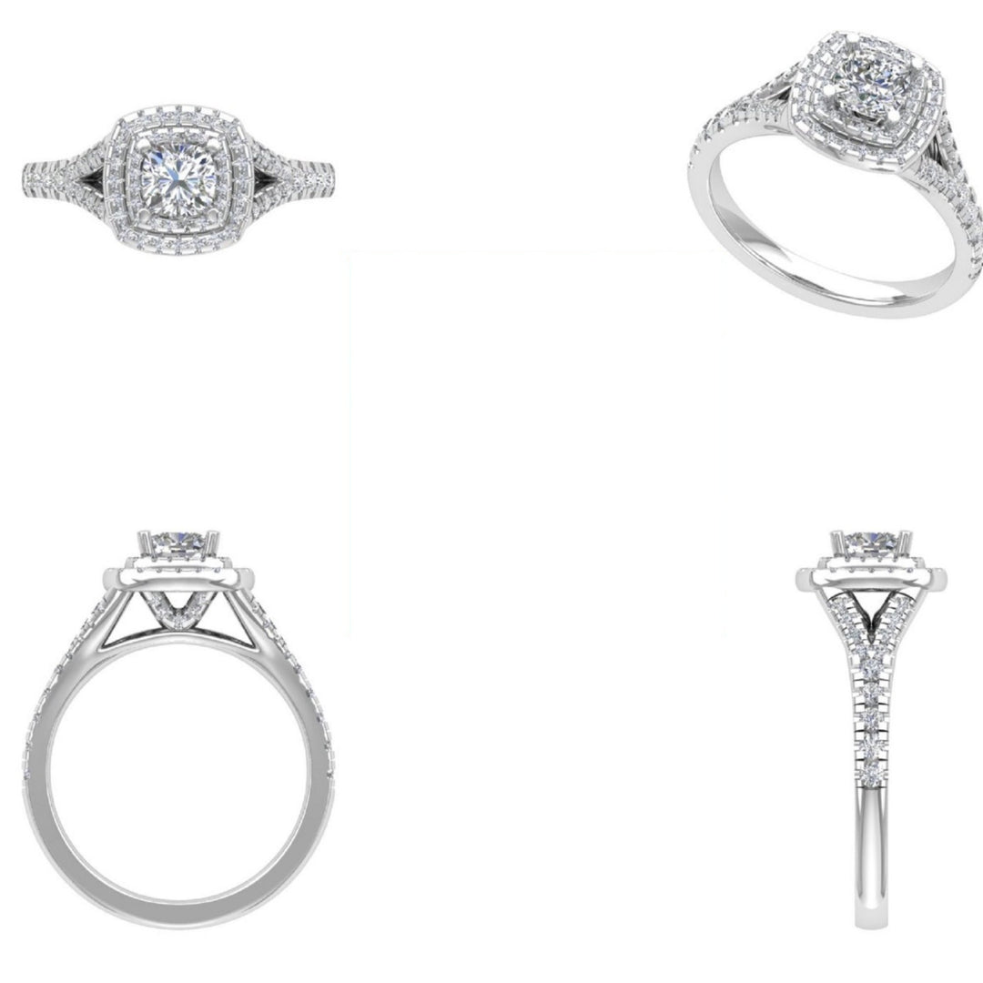 IGI Certified Lab Grown Solitaire Diamond Ring: 14K Solid Gold Square Double Halo Proposal Ring