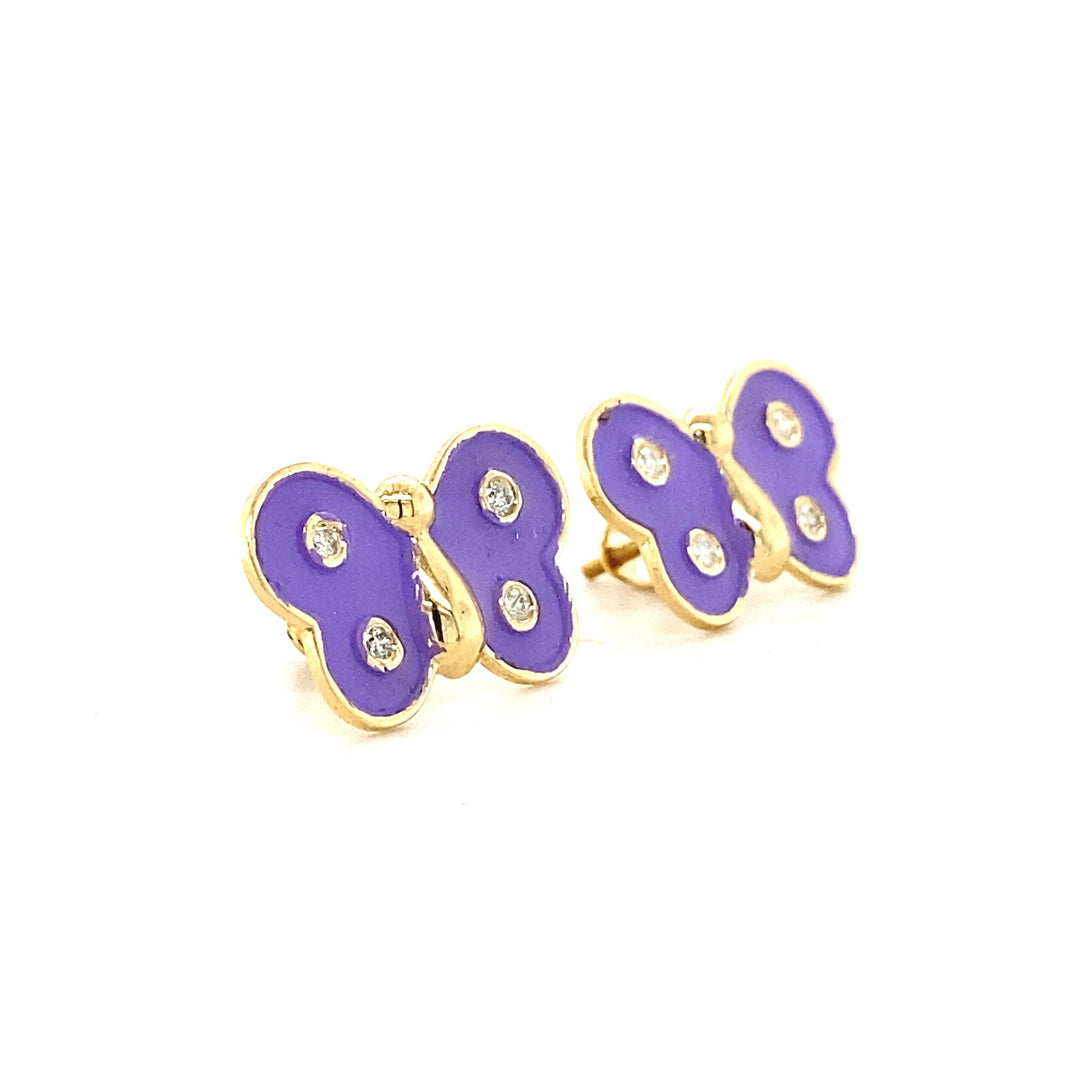 Kids Butterfly Diamond Stud Earrings, 14k Solid Gold With Purple Enameling, Natural Diamonds, Gift for girls, Ready To Ship, HRD Certified