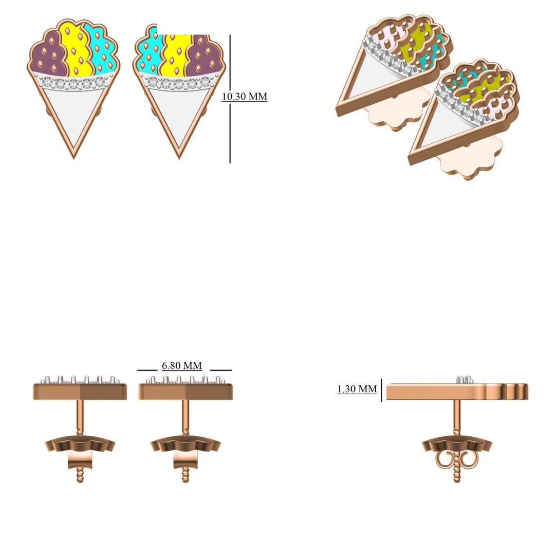 Kids Cone Ice Cream Diamond Stud Earrings, 14k Solid Gold With Enameling, Natural Diamonds, Kids jewelry, Gift for toddlers, girls and kids