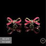 Load image into Gallery viewer, Kids Ribbon Diamond Stud Earrings, 14k Solid Gold With Pink Enameling, Natural Diamonds, Kids jewelry, Gift for toddlers, girls, and kids
