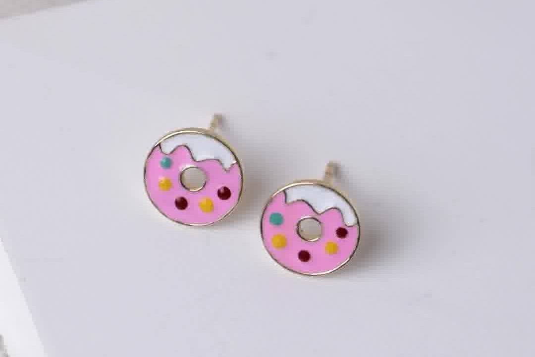 Kids Donut Diamond Stud Earrings, 14k Solid Gold With Enameling, Natural Diamonds, Kids jewelry, Gift for toddlers, girls and kids