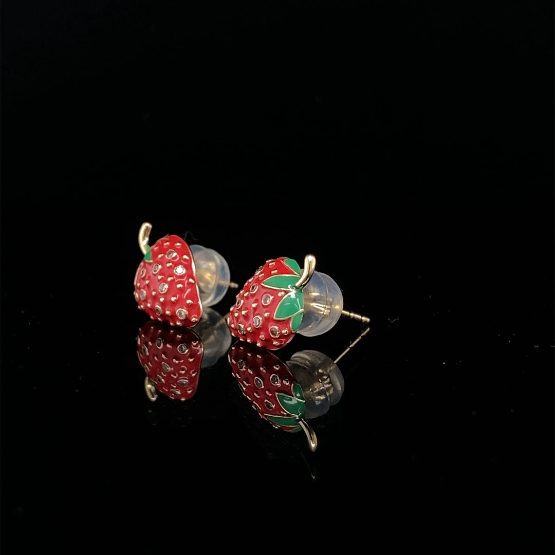 Kids Strawberry Diamond Stud Earrings, 14k Solid Gold, Natural Diamonds, Enamel Fruit Jewelry, Gift for girls, Ready To Ship, HRD Certified