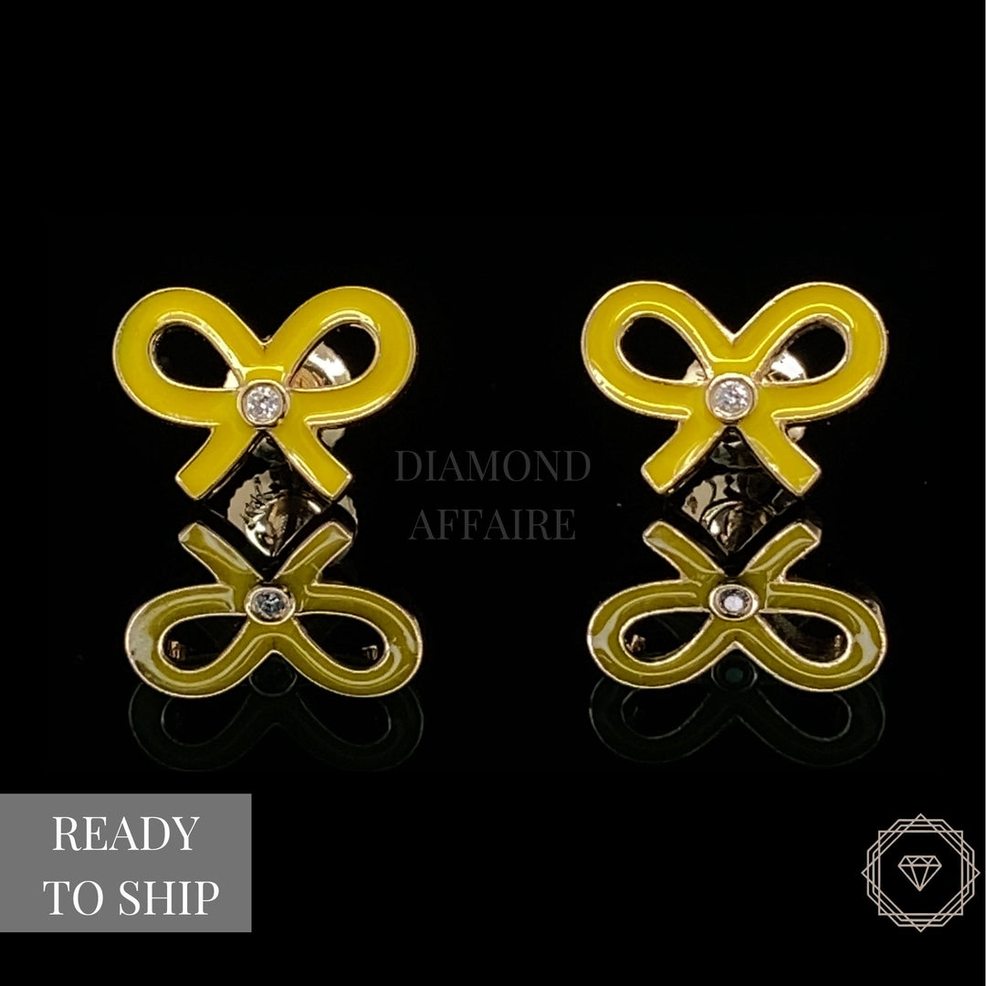 Kids Bowknot Diamond Stud Earrings, 14k Solid Gold With Enameling, Natural Diamonds, Kids jewelry, Gift for toddlers/girls, Ready To Ship