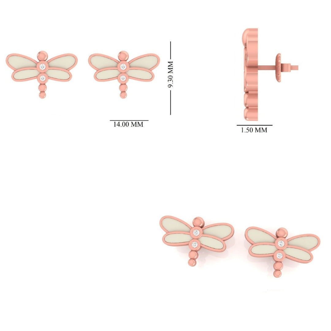 Kids Dragonfly Diamond Stud Earrings, 14k Solid Gold, Natural Diamonds, Enamel Wings Studs, Gift for  girls, Ready To Ship, HRD Certified