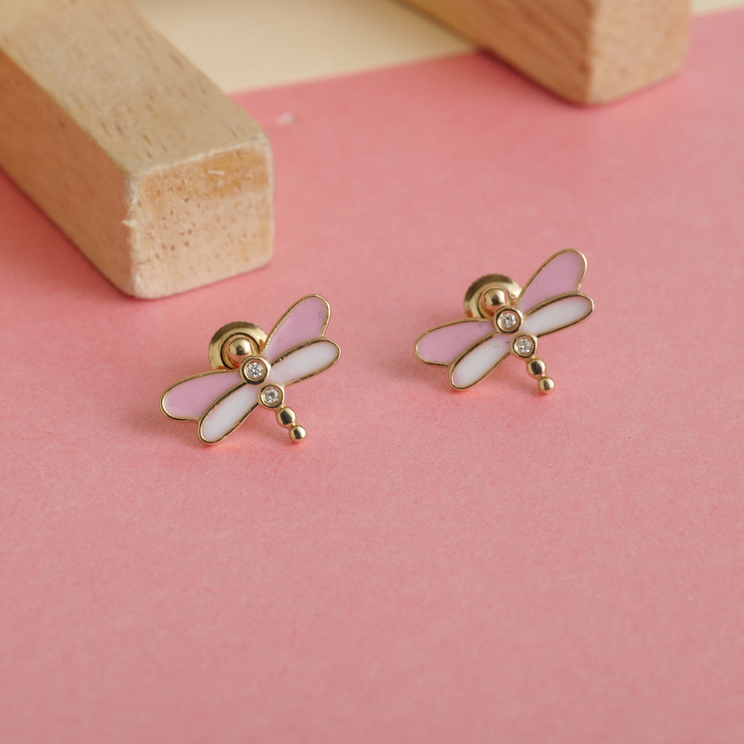 Kids Dragonfly Diamond Stud Earrings, 14k Solid Gold With Enameling, Natural Diamonds, Kids jewelry, Gift for toddlers, girls and kids