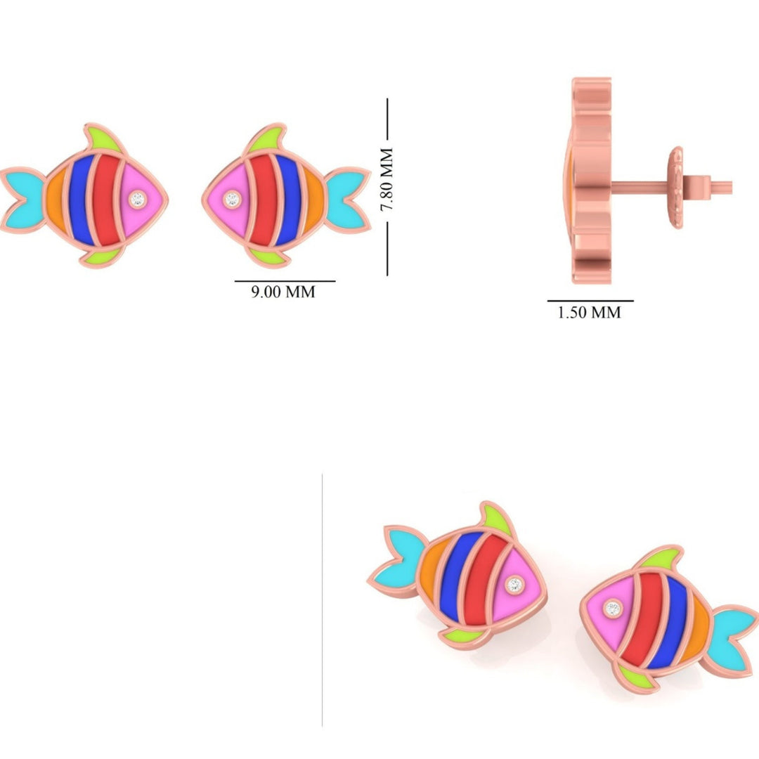 Kids Fish Diamond Stud Earrings, 14k Solid Gold With Enameling, Natural Diamonds, Ocean Animal Jewelry, Gift for girls, Ready To Ship