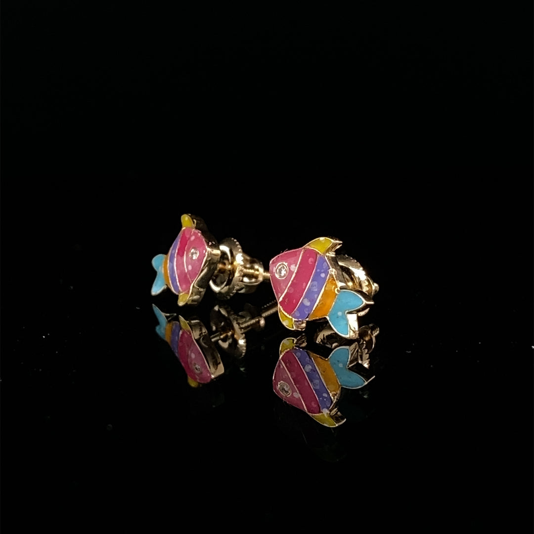 Kids Fish Diamond Stud Earrings, 14k Solid Gold With Enameling, Natural Diamonds, Kids jewelry, Gift for toddlers, girls and kids