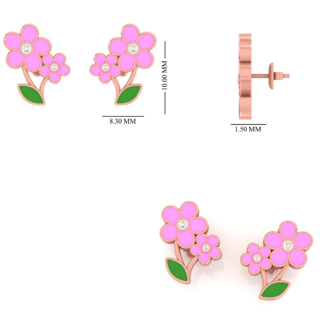 Kids Floral Petal Diamond Stud Earrings, 14k Solid Gold With Enameling, Natural Diamonds, Kids jewelry, Gift for toddlers, girls and kids