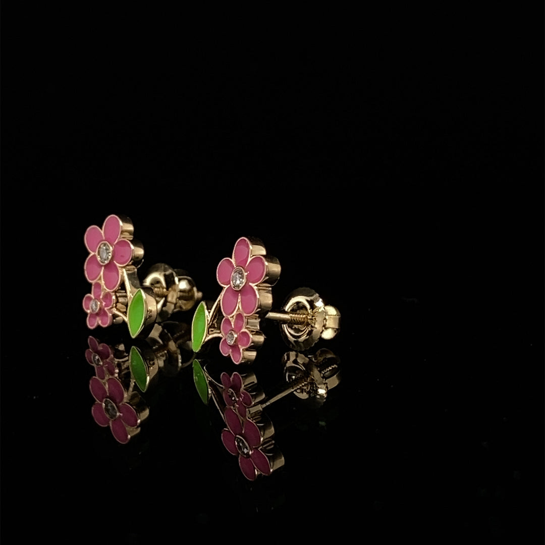 Kids Floral Petal Diamond Stud Earrings, 14k Solid Gold With Enameling, Natural Diamonds, Kids jewelry, Gift for toddlers, girls and kids